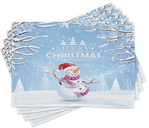 ABAKUHAUS Weihnachten Platzmatten, Snowy-Winter-Noel, Waschbare Stoff Esszimmer Küche Tischdekorations Digitaldruck, Hellblau Weiß