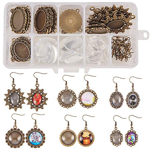 SUNNYCLUE 1 Box 72Stück 6Stil DIY 12Paare Glaskuppel Cabochon Ohrringe Selbst Machen Starter Kits Foto Schmuckzubehör Handwerk Kit zur Schmuckherstellung Frauen Fassungen für Cabochon Antik Bronze