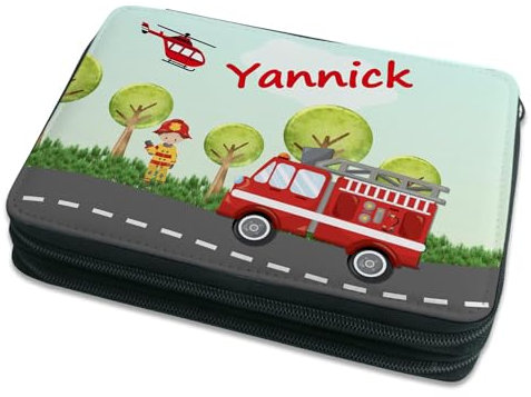 CreaDesign Kinder Federmäppchen mit (Wunsch) Namen, einzigartige Federtasche durch Personalisierung, Schulmäppchen - Motiv Feuerwehr Landschaft