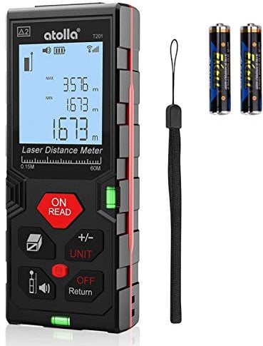 atolla Laser Messgerät, Laser Entfernungsmesser bis zu 60m/± 2mm Digital Messwerkzeug Entfernungsmesser mit Wasserwaage und großem LCD Hintergrundbeleuchtung und Wasserdicht IP54