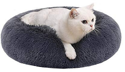 Feandrea Hundebett flauschig, Katzenbett, Donut Kissen, waschbar, Polsterung in der Mitte herausnehmbar, Langer Plüsch, 50 cm Durchmesser, dunkelgrau PGW037G02