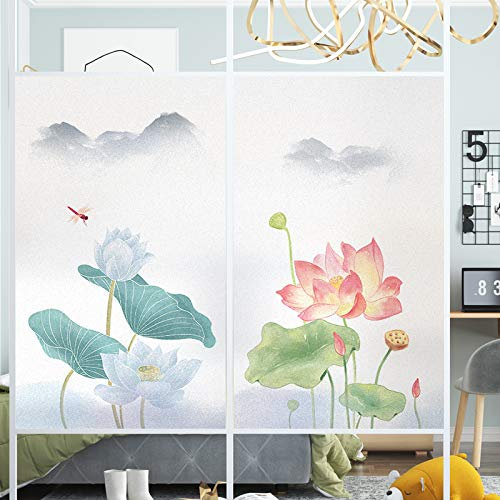 Xijier Sichtschutz-Fensterfolie, kein Kleber, selbstklebend, statisch haftend, Fensterfolie, Vinyl, Seerose, Glas, dekorativer Milchglas-Aufkleber, 69 x 90 cm
