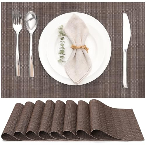 Myir JUN Table Mats Placemats Set of 8 Place Mats for Table Woven Vinyl | Washable Non-slip Outdoor Heat Insulation for Kitchen Dinning Restaurant 30x43.5 cm (Coffee)
