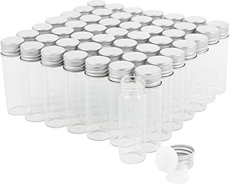 15ml Glasfläschchen mit Schraubverschluss und Kunststoffstopfen, Transparent Kleine Glasflaschen Auslaufsichere Glas Fläschchen für Flüssigkeit Pulver Proben und kleinen Gegenständen, 50 Stück