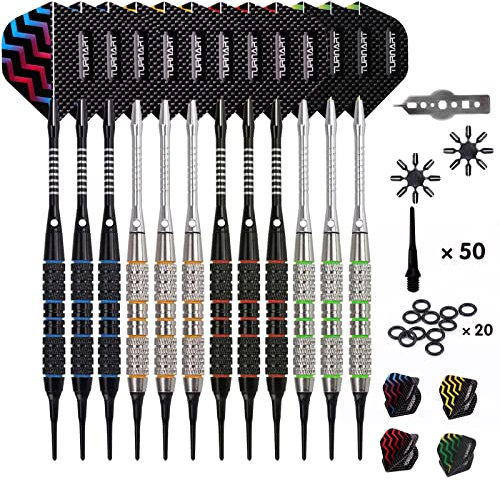 Turnart Dartpfeile mit Kunststoffspitze 12 Stück 18 Gramm mit 50 zusätzlichen Dartspitzen 20 Gummiringen 27 Flügen 9 PC-Wellen Werkzeugsatz für Elektronische Dartscheibe (12 Soft-Dartpfeile)