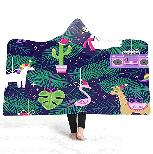 Hiseng Decke mit Kapuze Kinder Erwachsene Poncho-Stil Flauschig Kapuzendecke, Weich Warme Flanelldecke, 3D Tierdruck Wohndecke Kuscheldecke Tragbare Decke (Flamingo,130x100cm)