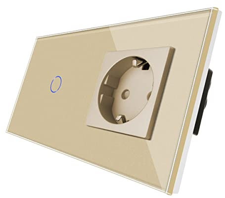 CNBINGO Touch Lichtschalter mit Schuko Steckdose unterputz - Wandschalter einfach in Gold - Berührungsschalter mit Glasrahmen und Status-LED - 500W/Fach