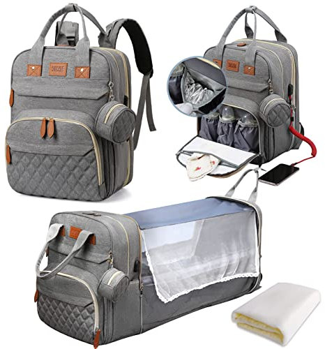 LEcylankEr Wickelrucksack mit Babybett - Große Wickeltasche Rucksack mit Wickelauflage & Isoliertasche & Moskitonetz & USB-Ladeanschluss (grau)