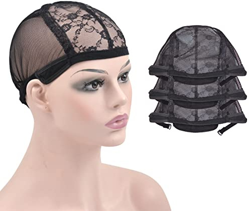 3 stück Schwarze Spitze Perückenkappen für Perückenherstellung Perücken Haarnetz für Frauen mit Verstellbaren Trägern, um Perücken an Ort und Stelle zu Halten (Schwarz L)