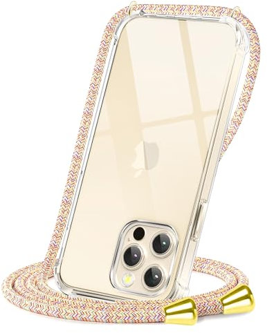 CAROKI Crossbody Case for iPhone 14 Pro,Necklace Mobile Phone Cover with Cord Strap Clear Transparent TPU Soft iPhone 14 Pro Cover Holder with Neck Cord Lanyard Strap-Rainbow