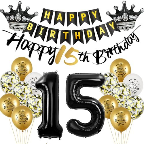 Luftballon 15.Geburtstag deko Junge mädchen gold Schwarz Folienballon 15 jahre Geburtstag dekoration Schwarz Happy 15th Birthday Girlande Geburtstagsdeko 15 deko geburtstag 15 jahre Junge mädchen
