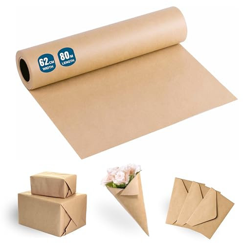 Rouleau de Papier Cadeau Kraft naturel 62cmx80m (1 unité) - Papier D’ Emballage déal pour l'Artisanat, Souvenirs ou Emballage de Cadeaux de Noël et Anniversaire