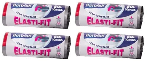 Bacofoil 4 x Elasti-fit Bin liners 50L Kitchen Bin Bags on a Roll Total 40 bags