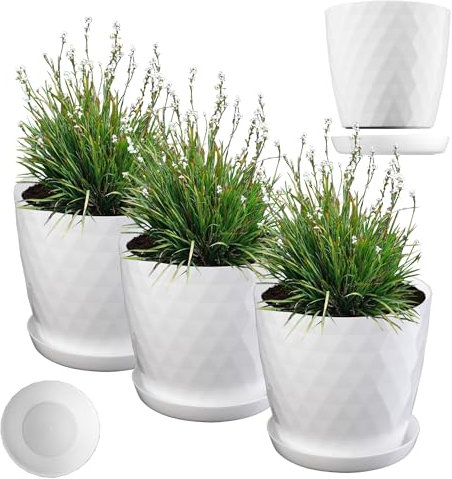 KADAX Pot de Fleurs en Plastique avec Soucoupe, Pot de Plante pour Une Décoration Florale Moderne dans l'espace Interieur (Lot de 3 : Blanc, 25 cm)