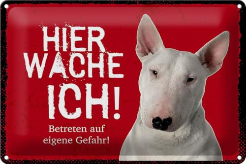 Ontrada Blechschild 20x30cm gewölbt Bullterrier hier wache eigene Gefahr Deko Geschenk Schild