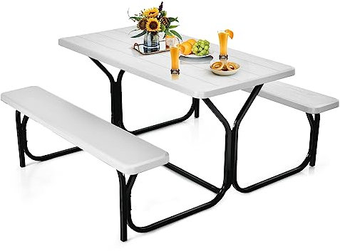HOMASIS Gartenmöbel-Set, Picknicktisch & 2 Sitzbänke für 4 Personen, Campingtisch Set mit Metallrahmen, Picknicktisch mit Stuhl, Gartensitzgruppe Möbel für Außenbereich, Bar & Restaurant (Weiß)