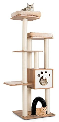 COSTWAY Arbre a Chat XXL en Bois 176 cm, 4 Poteaux à Griffer en Sisal, 5 Plateformes, Condo, Brosse d'Toilettage, Arbre a Chat Maine Coon, Tapis Amovible, pour 4-6 Chats, 59 × 59 × 176 cm, Naturel