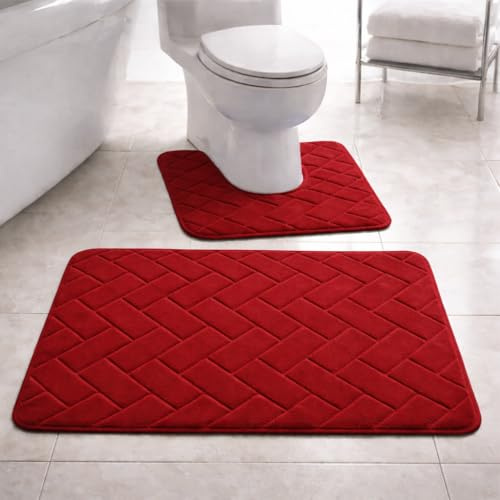 PARADISE STAR Block Badematte aus Memory-Schaum, extra saugfähig, weich und bequem, rutschfester Badezimmerteppich und WC-Vorleger-Set, Rot