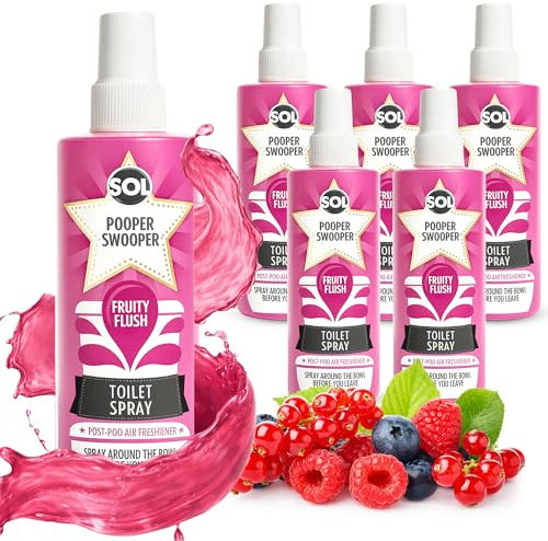 SOL 6pk Toilet Spray for Poop - Fruity Flush Poo Spray for Toilet 60ml | Toilet Spray Freshener for Bathrooms - Fruity Flush, Compact Size for Travel, 6 x 60ml, 2,000+ Sprays per Pack