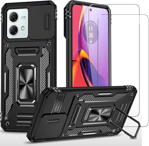 ESONG Antichoc Coque Para Motorola MOTO G84 5G,TPU+PC Housse Protection de Qualité Militaire avec Lentille Coulissante Couverture/2* Verre Trempé,Compatible Support De Voiture Magnétique-Le noir