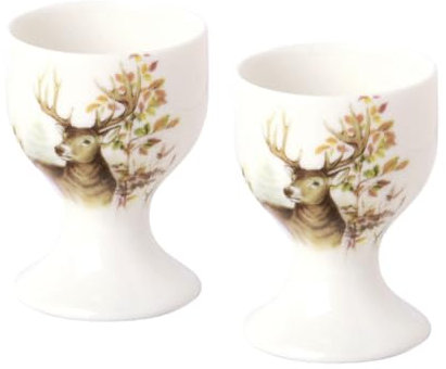 2 x Eierbecher aus Keramik - Wald Hirsch im Herbst Design - creme/braun - 6,5 cm