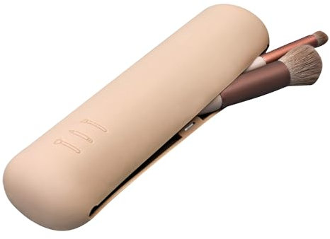 Travel Makeup Brush Holder, Silicone Upgrade Anti-Fall Out Magnetic Closure Make up Bag, Portable Cosmetic Pouch, Soft Sleek Makeup Organize Tools for Travel (# Khaki)