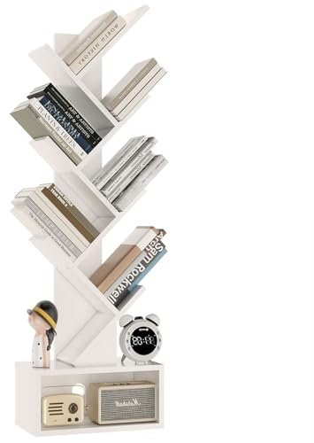 YMYNY Bücherregal im Baumform, 6 Ebenen Raumteiler, Standregal, Modernes Holzregal für Bücher/Filme/CDs, Bücherturm Freistehend für Wohnzimmer, Home Office, Arbeitszimmer, Weiß HBC016W