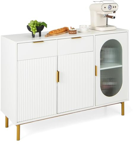 COSTWAY Meuble Cuisine Bas, Buffet Cuisine Bas 2 Placards à Portes Vitrées, 2 Tiroirs, Moderne, Pieds en Métal, Poignée de Bord, Armoire Cuisine Bahut Blanc Doré, 120 x 40 x 88 cm