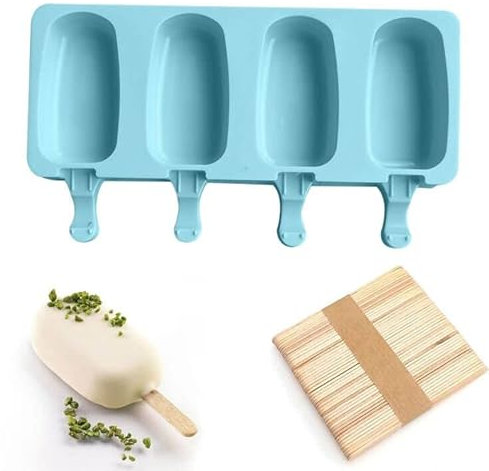 Moule à Glace En Silicone,Ice Cream Moules,Popsicle Ice Maker,Moule à Popsicle,Moules à Crème Glacée,Moule à Sucette Glacée Silicone,4 Cavités Silicone Moule à Crème Glacée+50pcs Baton De Glace(Bleu)