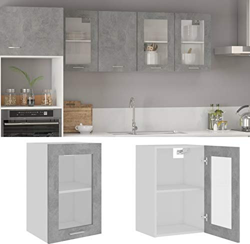 Rantry Hängeschrank Glasschrank Betongrau 40x31x60cm Holzwerkstoff Wandmontage Küchenschrank Vitrine Aufbewahrung Schrank für Küche, Wohnzimmer und Büro Innenmöbel