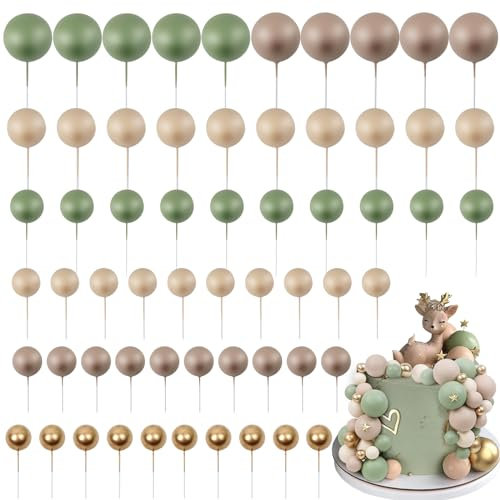LARDUX 60 PCS Tortendeko Kugel -Cupcake Kuchen Dekorationen mit Wild One Mini Ballon Cupcake DIY Einsatz für Kinder Geburtstag Party Baby Dusche Mädchen Jungen- Grün Braun