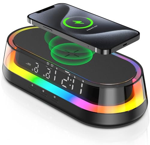 HOURUNTAIL Digital Alarm Clock for Bedrooms,15W with USB wireless Charging Port Nightlight,LED Display,colorful Atmosphere lights,Touch Bedside Alarm Clock with Adjustable Brightness