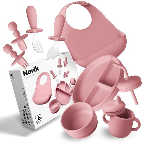 Navik | Set vajilla bebe de silicona | Contiene plato ventosa bebe dividido | vaso aprendizaje bebe | cuchara bebe | cuenco bebe ventosa | +6 meses | Rosa