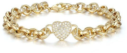 Gold Single Heart Charm Belcher With Clear Stones, 7-Inch, 20g, Gold Plated - Bling King London