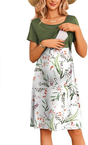 Ekouaer Stillkleider Damen Kurzarm Sommer Geburt Schwangerschaft Stillkleidung Rundhals Umstandskleid, Grün, S