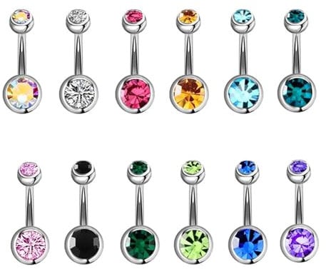 Aucuu 12 Stück Bauchnabelpiercings, 14G Bauchnabelpiercing, Hypoallergener Edelstahl Bauchpiercing, Gebogen Barbell Piercing mit zwei Edelsteinen, Chirurgenstahl Piercing Bauchnabel Schmuck 1,6mmx12mm