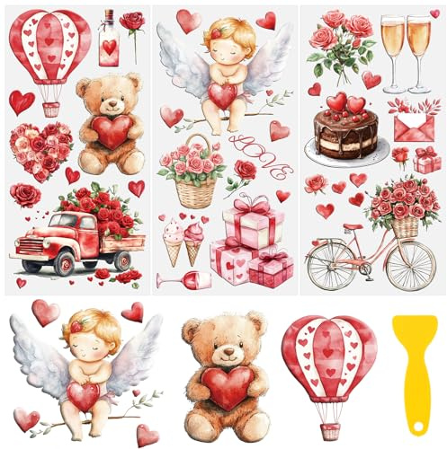 HICOHAND Reiben Sie auf Transfers zum Basteln, 3 Stück Valentinstag Reiben auf Transfers für Möbel und Handwerk, Herz Amor Rose UN DTF Transfer-Stiker für Holz Farbic Glas DIY Home Office Dekoration