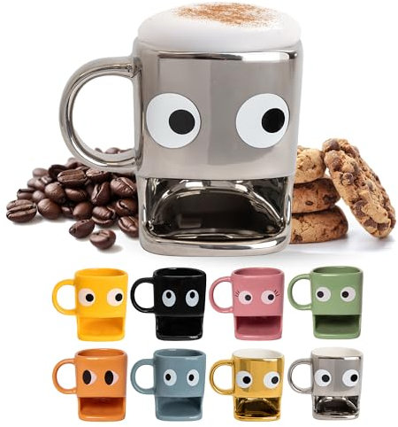 FISURA - Original Coffee Mugs with Biscuit Compartment, Silver Ceramic Tea Mug with Stylish Design, Cappuccino Coffee Caps, Latte, hot Chocolate caps, Capacity 240ml