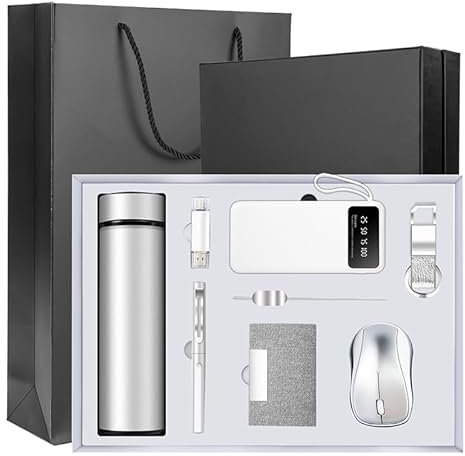 Luxury Gift Set for Fathers Day,Birthdays,Corporate Gifts, with LED Thermos Flask, Pen, USB Flash Drive, Power Bank, Computer Mouse, Key Chain, Card Holder & Book Mark (Silver)