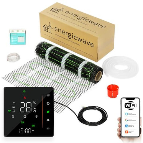 Elektrische Fußbodenheizung 150 W/m² – Heizmatte Komplettset mit WLAN-Thermostat, Fußbodenheizmatte für Fliesen, Steinzeug, Steinböden – 10m²