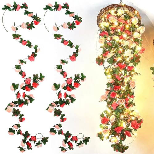 Fzyisw 2 Stück Künstliche Blumen 2.4 Meter pfingstrosen kunstblumen Girlande, blumengirlande deko, blumenranken künstliche Blumen wie echt, hängepflanze blumengirlande für Hochzeit Garten Wand Dekor