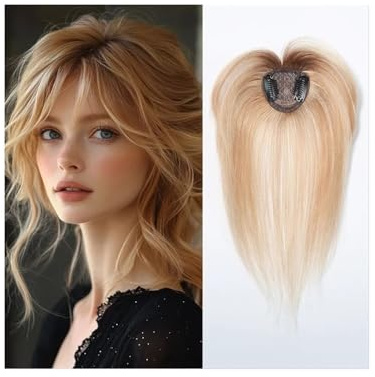 10 Zoll Remy Echthaar-Topper mit Pony-Haarteilen, 3D-Pony for dünnes Frauenhaar(DARK BLONDE+BLEACH BLONDe)