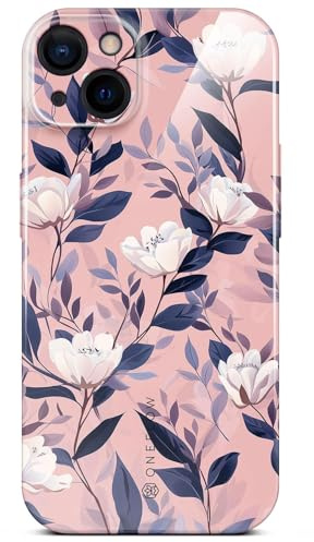 ONEFLOW Flower Cover für iPhone 15 Hülle in Floral Optik, Blumen Designer Case Handy Schutzhülle mit Kameraschutz, Hardcase dünne Handyhülle Blumenmuster, Weiß Rosa