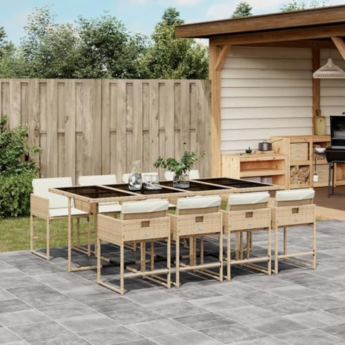 Hoodmeel Rattan Gartenmöbel Set 8 Personen Garten Sitzgruppe 8 Personen Sitzgruppe Outdoor Polyrattan Sitzgruppe Sitzgarnitur Terassenmöbel außen-Beige und Creme-9-tlg