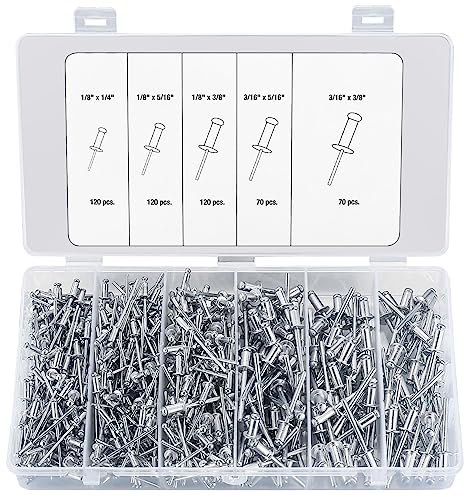 Set di rivetti ciechi in alluminio, 500 pezzi, rivetti in alluminio/acciaio, 5 misure, rivetti pop, testa piatta per metallo, legno, plastica, 3,2 mm e 4,8 mm