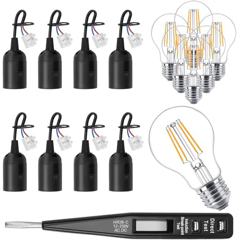 8 x E27 Lampenfassung mit Kabel + 8 x 4W LED Lampe Warmweiß+ VDE-Spannungsprüfer – für Baustelle & Renovierung
