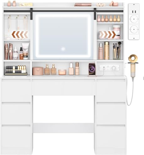 HEXCELEN 108cm Tocado con Espejo Deslizante y Regleta Eléctrica, Blanco | Tocador con Luces LED, 3 Colores, Tocador de Maquillaje con Espejo, Mesa de Maquillaje, 7 Cajones, Compartimentos Abiertos