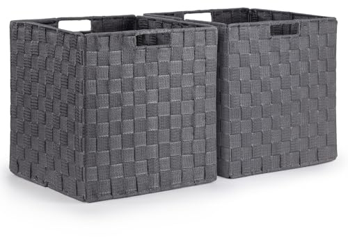 EHC Set of 2 Large Foldable Woven Storage Baskets for Shelves, Collapsible Hamper Basket, Grey