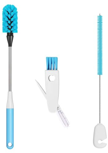 Brosse Bouteille 3 en 1, Goupillon Gourde de Cuisine à Long Manche de 15 Pouces avec goupillon Paille et Brosse Couvercle pour Nettoyer Les Verres à vin, Les Tasses à café, Les gobelets
