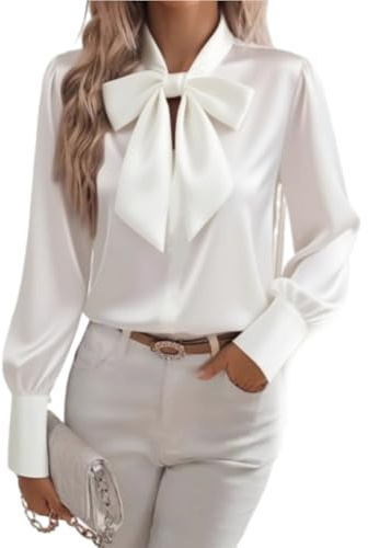 HESYSUAN Camisas de satén con cuello de lazo para mujer, elegantes blusas de seda de manga larga, casual, elegante, para negocios, trabajo, 2025